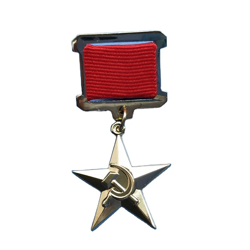 Customized Russian Star Shape 3D Badge Zinc-alloy Gold Plated Metal Brooch Pin with Ribbon