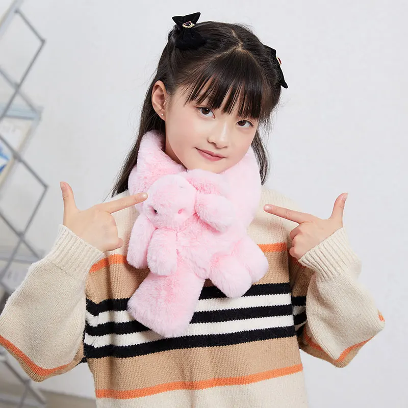 Winter Fashion Cute Design Cartoon Rabbit Animal Decoration Warm Kids Super Soft Plush Faux Fur Scarf