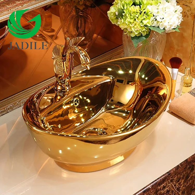 Luxury Royal Ceramic Washbasin Countertop Ceramic Art Basin Gold Plated Hand Wash Basin Bathroom Vessel Sink