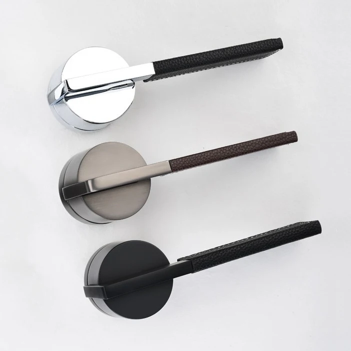 Internal Door Handle Lock Safety Interior Wood Door Lever Set Modern Black Leather Minimalist Zinc Alloy Door Handles