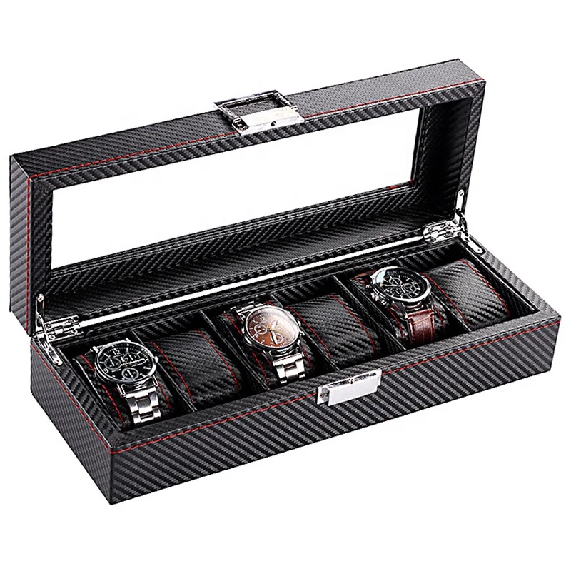 6 slots Carbon fiber watch box luxury leather storage box for quartz watches automatic watches