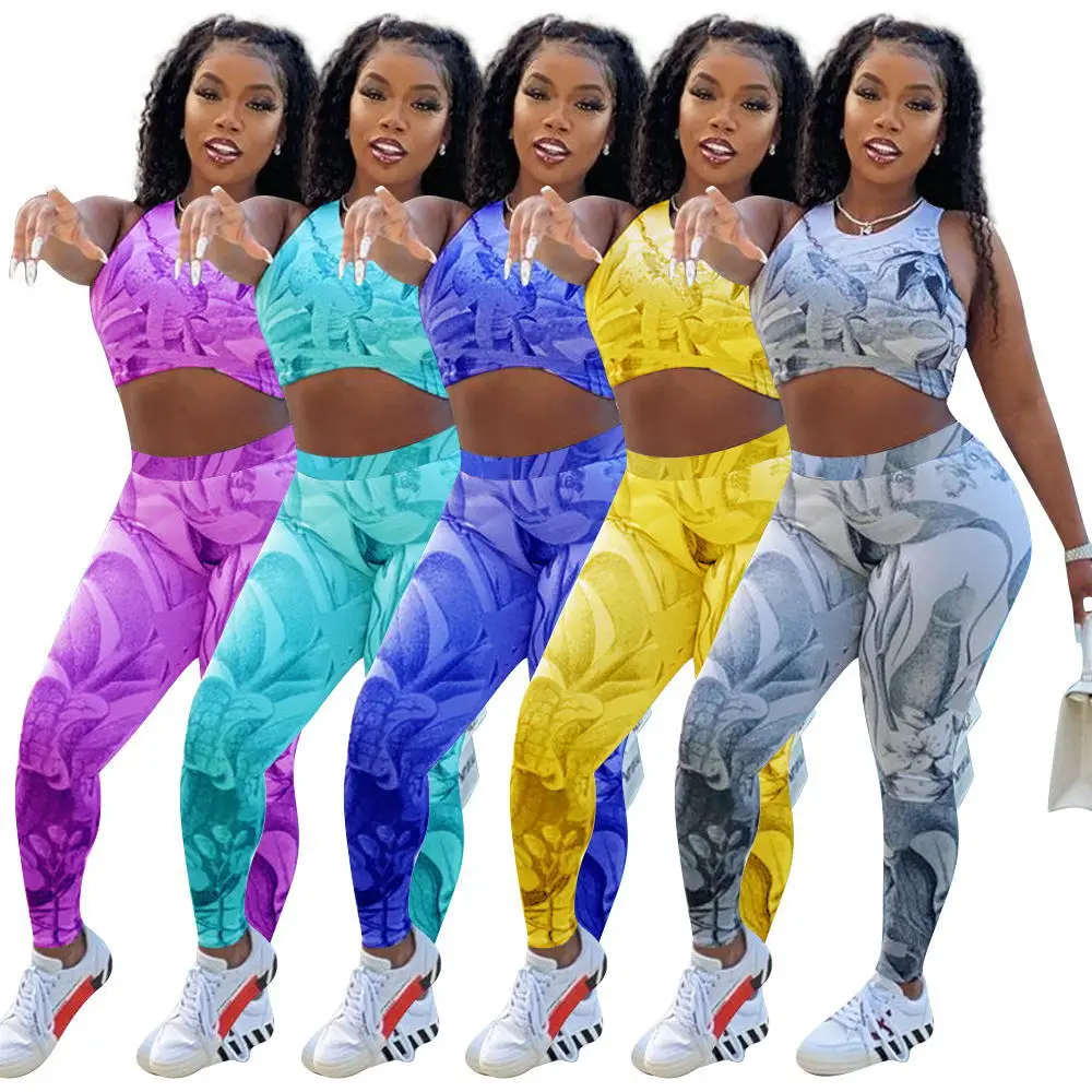 
Printed sleeveless vest pants sports 2 piece yoga sets two piece jogger fitness set women 
