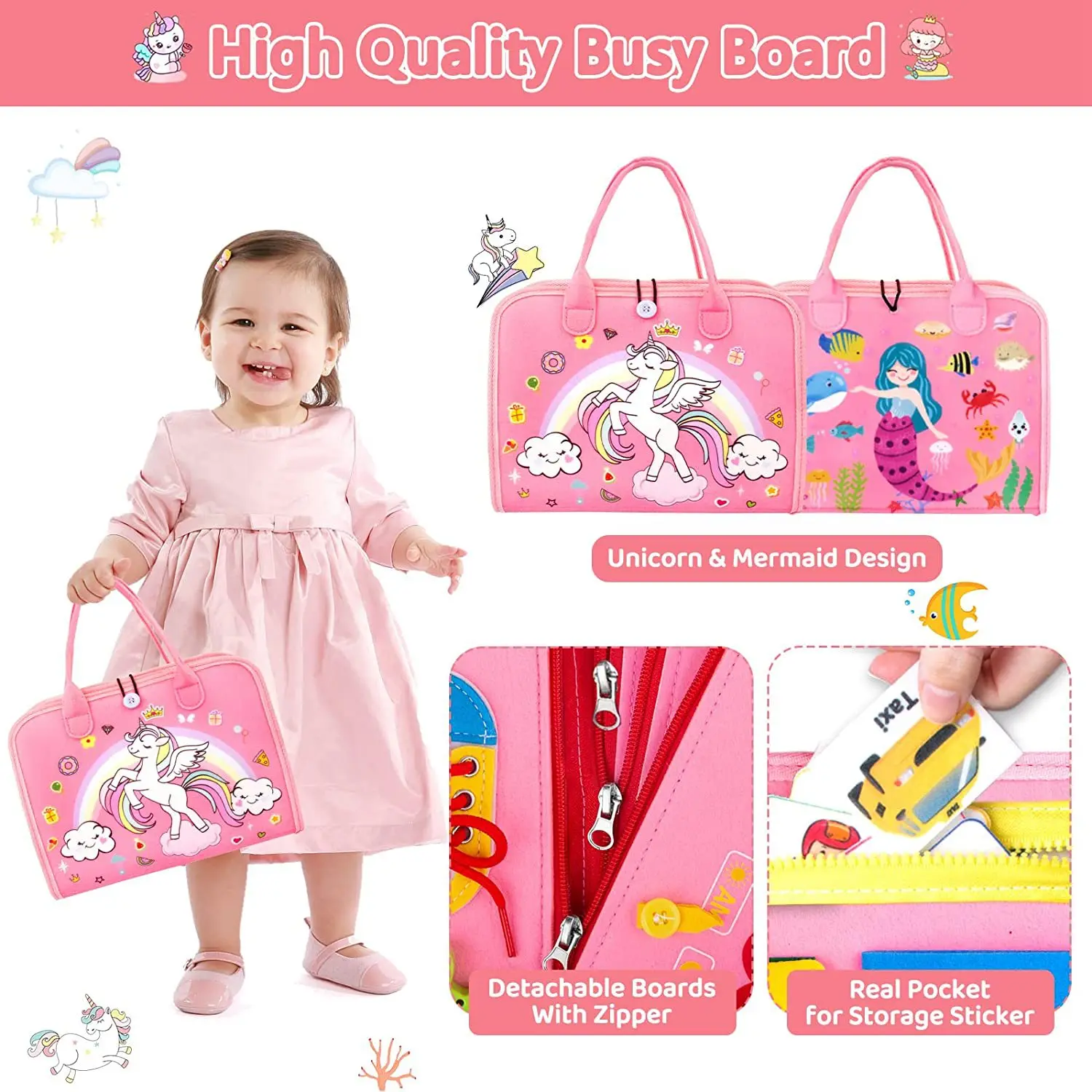 KS Toddler Montessori Early Educational Skills Learning Handbag Busyboard Felt Busy Board Sensory Toy