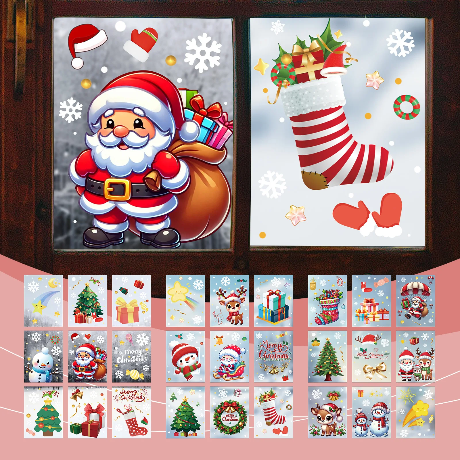 Двухсторонние Рождественские декоративные снежинки Санта-Клаус эльф наклейки на окна очаровательный Рождественский дизайн