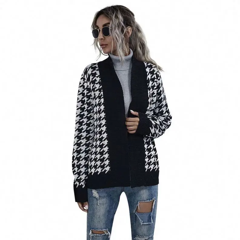 2021 Cardigan Sweater Long Sleeve Geometric Houndstooth Design Knitted Small Fragrance Korean Clip Cardigan Top For Women