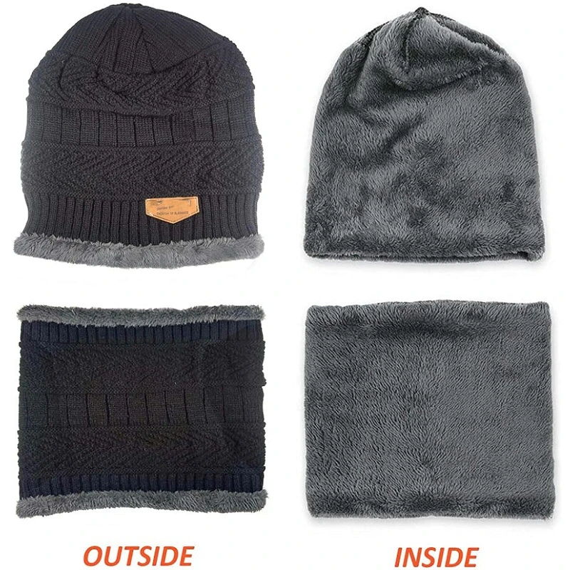Winter Warm Soft Knitted Velvet Skullies Beanies Hats Scarves Gloves Set for Women Men