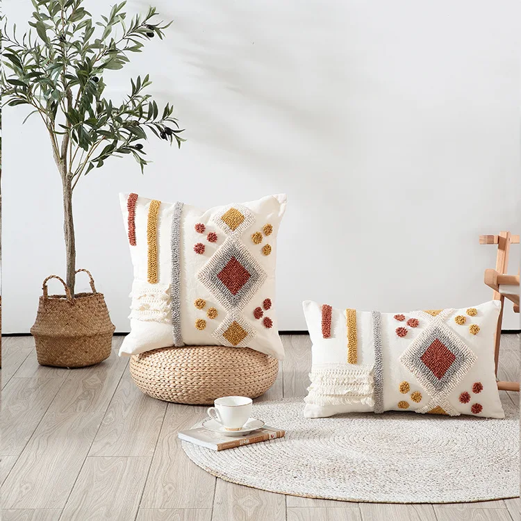 Cotton Pillow Cases Tufted Embroidery Embroidered Cushion Cover Boho Pillow Cushion Covers Coussin Decorative Home For Sofa