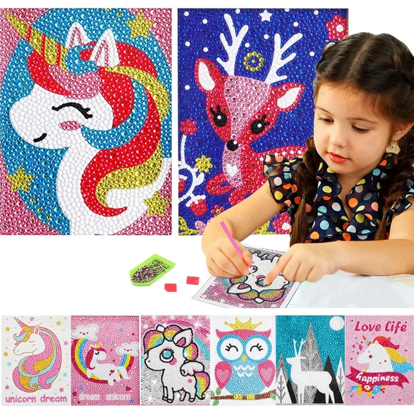 Набор для алмазной живописи мультяшная картина по номерам с оленем единорогом совой кристаллами 18 х23 см