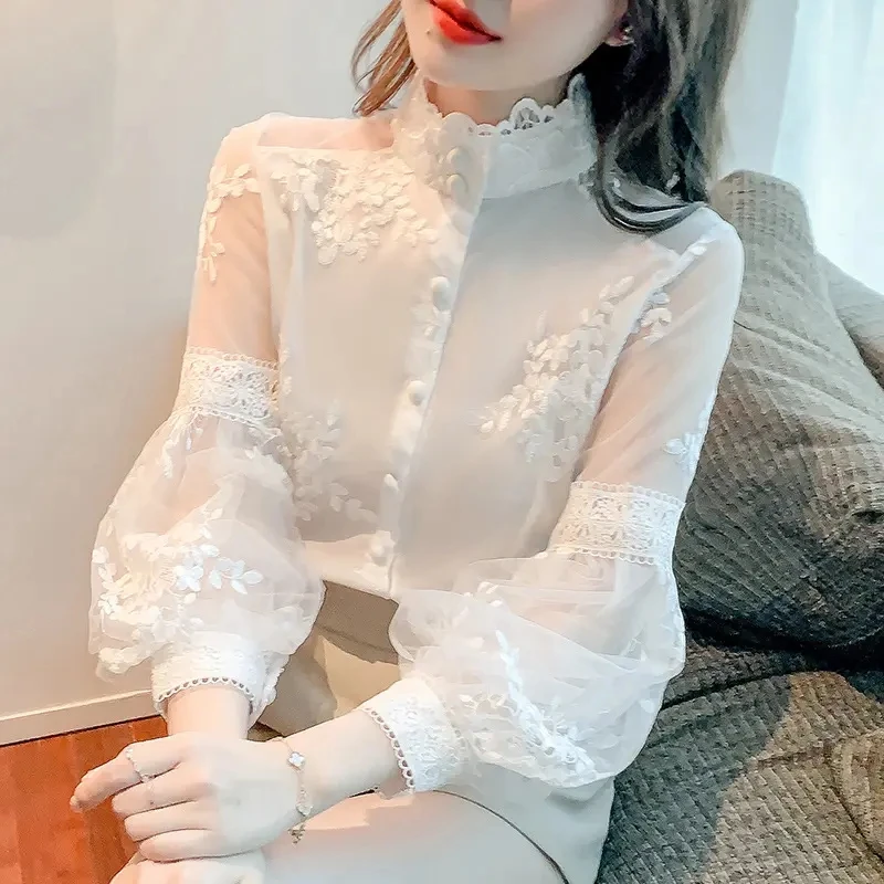 2024 Spring Sweet Style Lantern Sleeve Chiffon Shirt Women Embroidered Flower White Blouses Female Mesh Stitching Pure Top