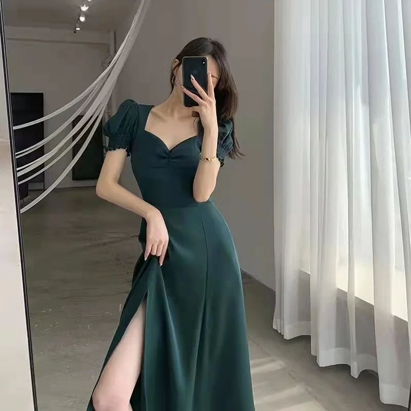ladies Fashion Casual Summer Clothing Bridesmaid Party Wear Puff Sleeve Solid Color Chiffon Bodice Wrap Midi Sundress For Women