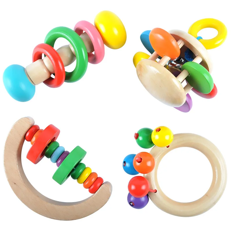 4 Styles Montessori Kid Baby Toys Bell Wood Rattle Toys Handbell Musical Educational Instrument Toddlers Rattles Handle Baby Toy