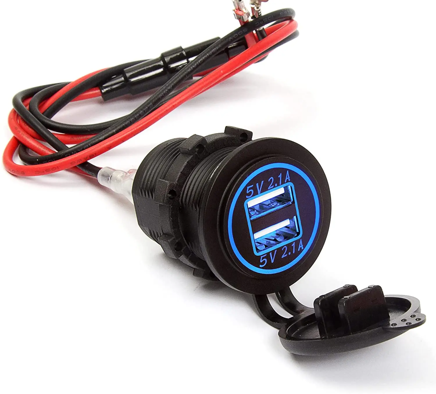 Dual USB Charger Socket Power Outlet 2.1A & 2.1A 4.2 A for Car Boat Marine RV Mobile with Wire Fuse DIY Kit Blue LED