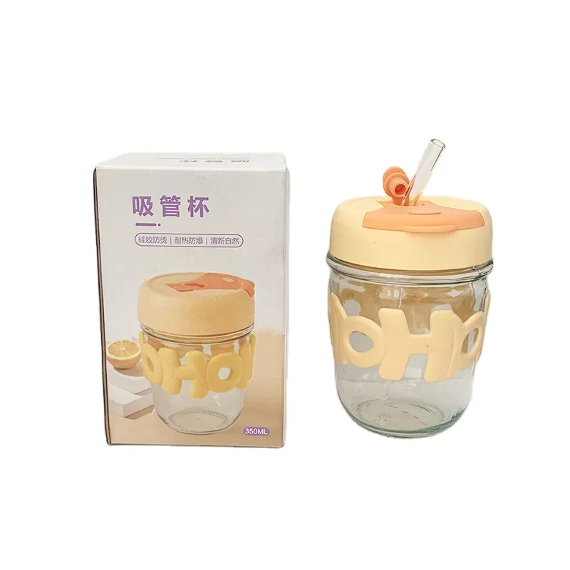 Пользовательские логотип милые стеклянные бутылки для воды Молочный Сок кофе питьевые кружки с соломой и силиконовым рукавом