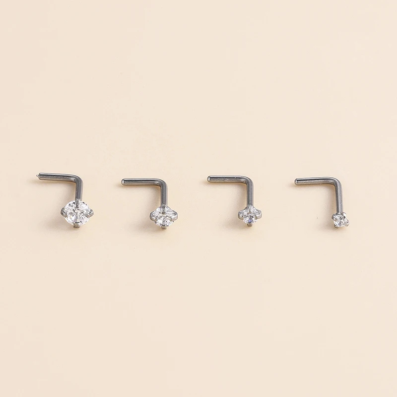 Hight Polishing L shape  Astm F136 Titanium Single Cubic Zirconia  Diamond Nose Stud Ring Piercing Jewelry
