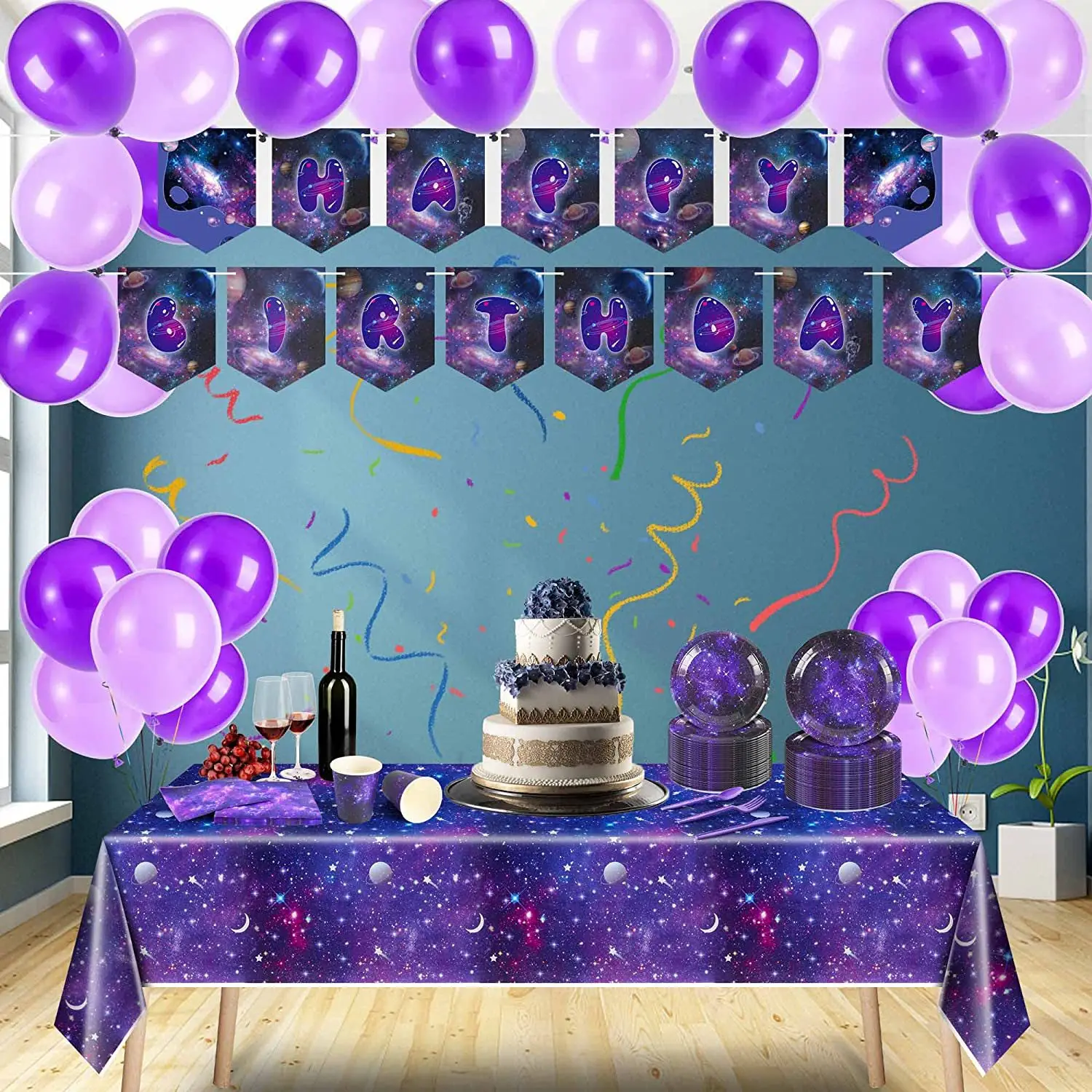 Purple starry sky galactic space theme decorative paper tray party paper cup knife fork spoon