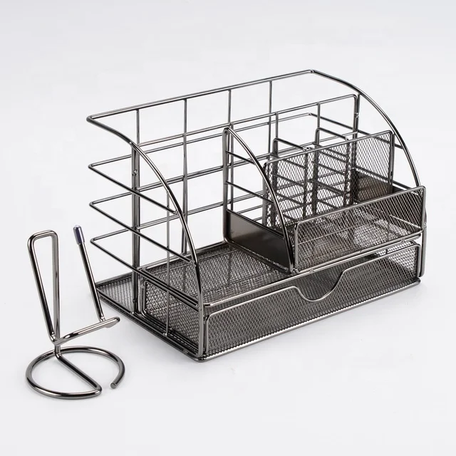 Home School Office Metal Mesh Desktop Desk Organizer with 6 Compartments Sliding Drawer Makeup Tool Storage
