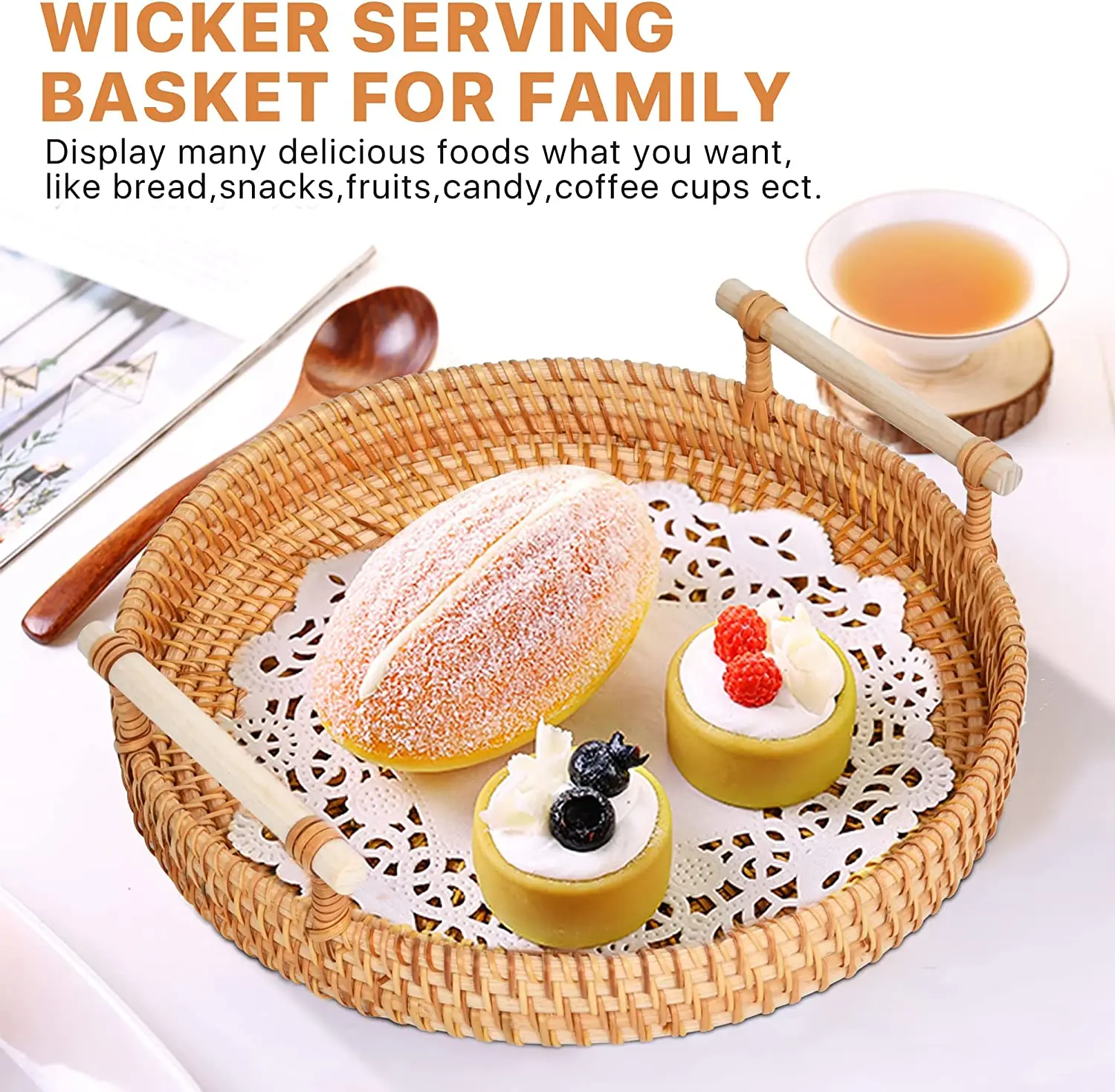 Decorative Woven Ottoman Trays for Coffee Table Dinner Party Kitchen Organizer Rattan Round Basket Serving Tray with Handles