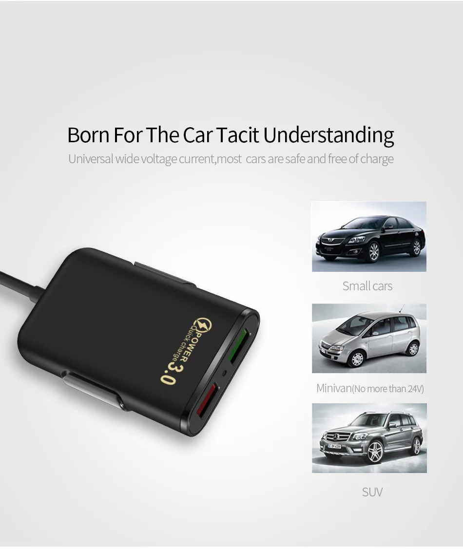 4 Port USB Car Charger Quick Charge QC3.0 5.6ft Extension Cable For iPhone 12 Xiaomi Mobile Phone Driving Recorder Fast Charging