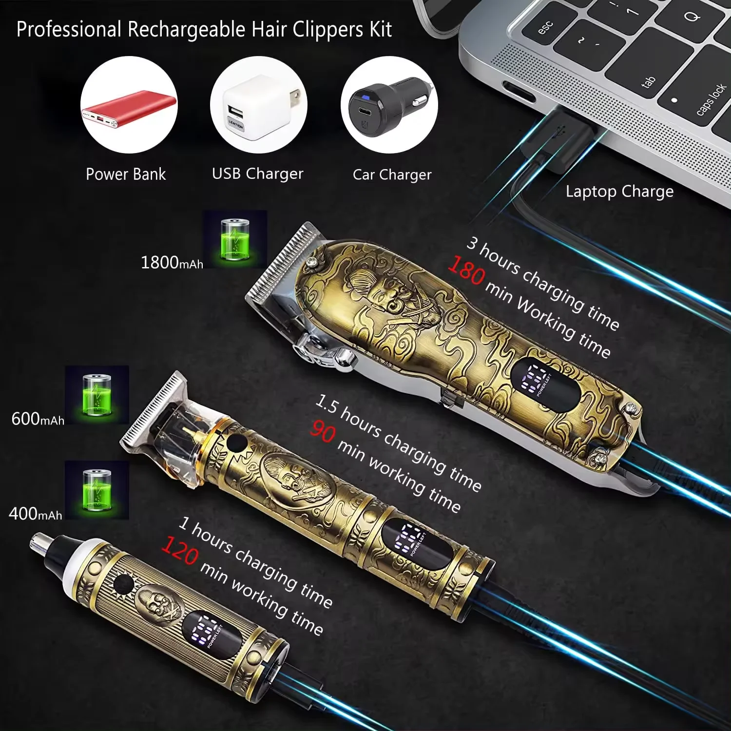 Professional Rechargeable Electric Replacement Blade Men Barber Machine Hair Trimmers Clippers Set Gold Stainless Steel 3 Hours