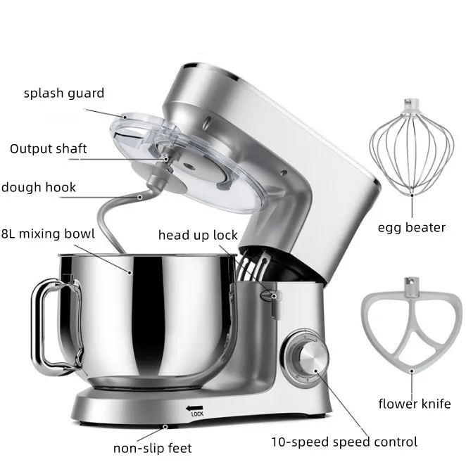 8 Liter Household Chef Machine Stainless Steel Kneading Grinder Automatic Multi-Speed small Silent Mixer Blender