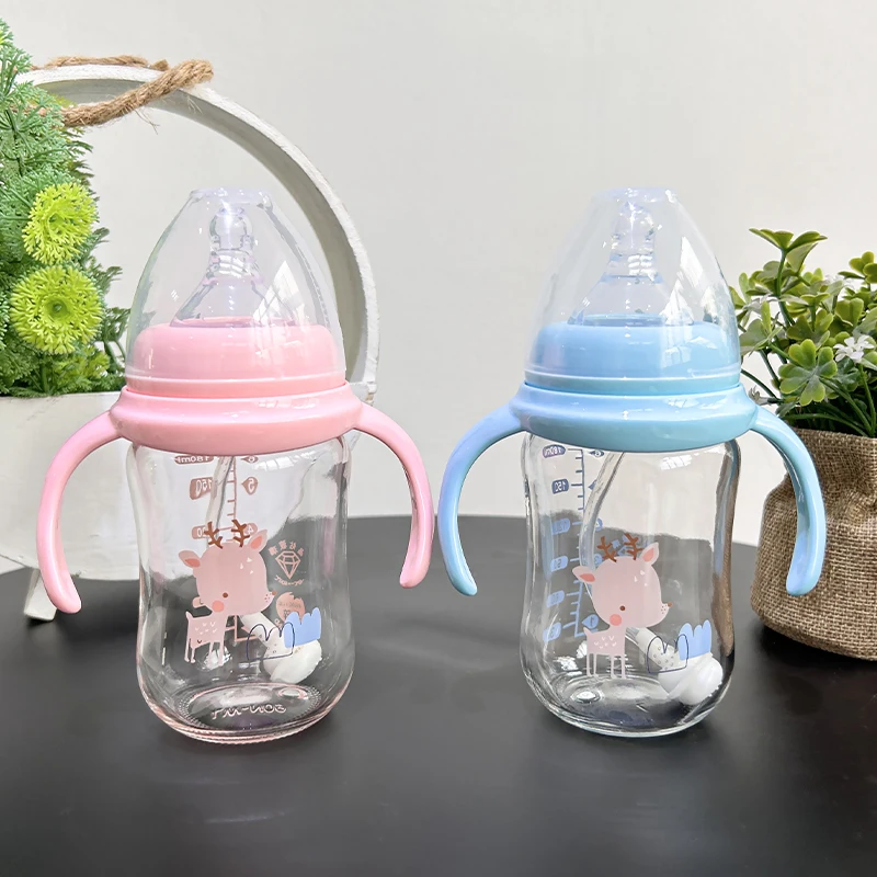Anti-colic Gift New baby feeding bottle milk baby feeding bottle 180ml glass baby bottle with handle and straw