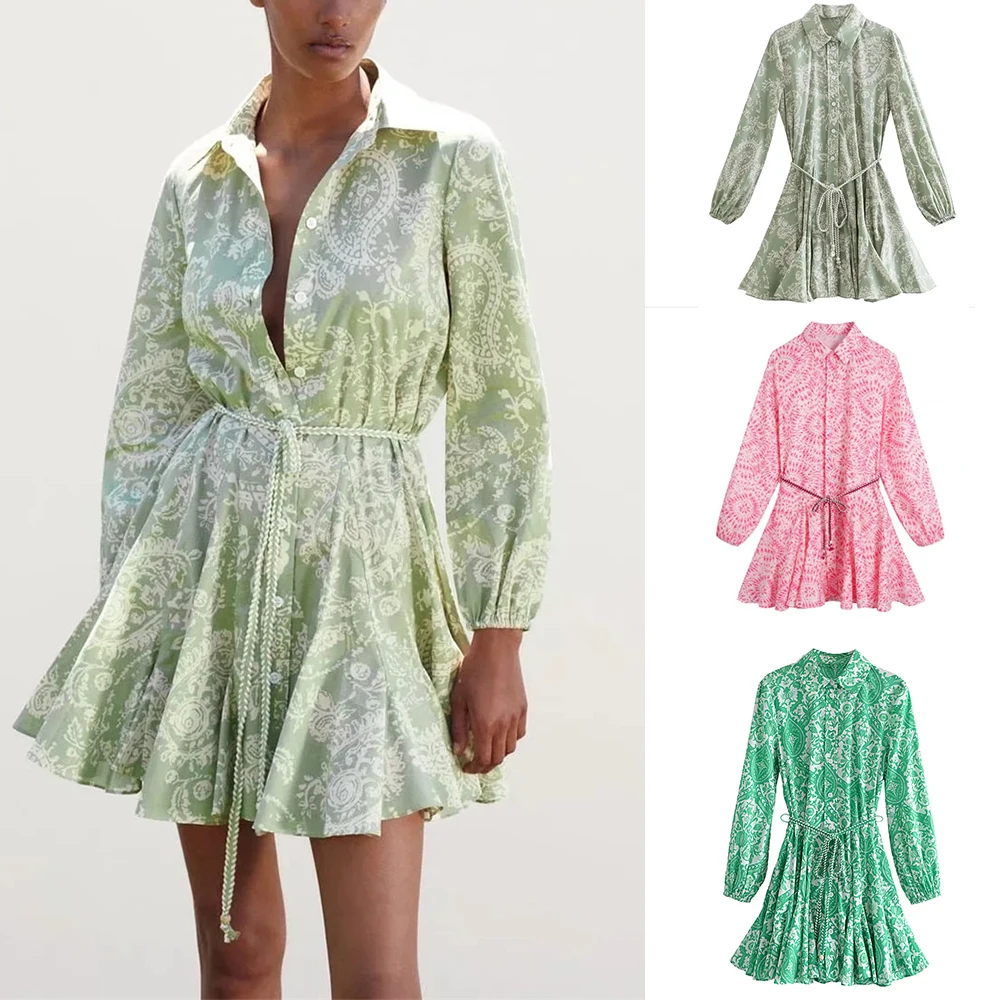 2022 Fall Floral Printed Long Sleeve Girls Mini Shirt Dresses For Women