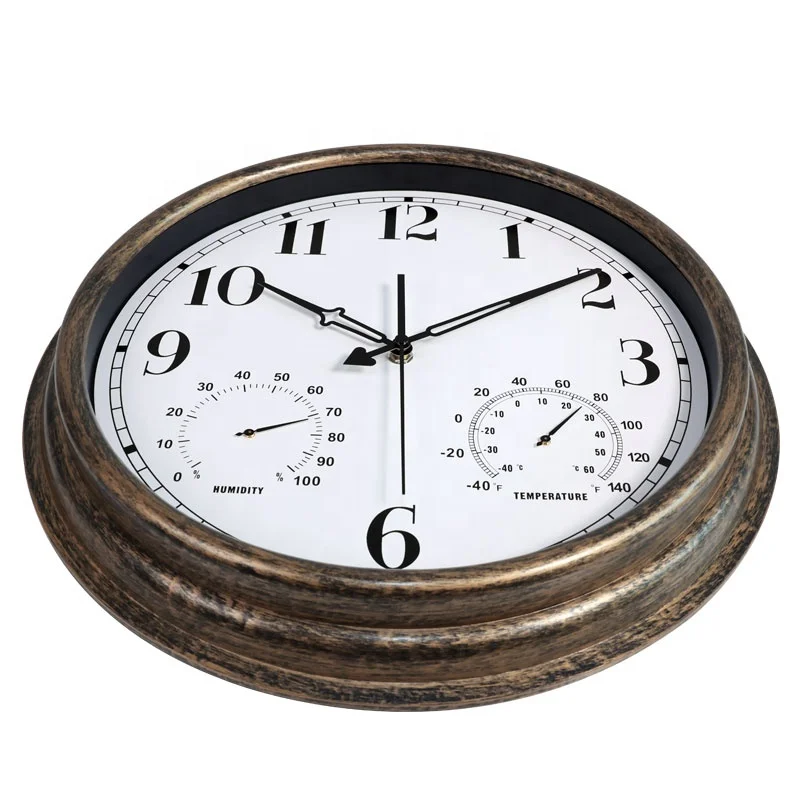 16-Inch Custom Antique Outdoor Waterproof Wall Clock ABS Plastic Wood Temperature Humidity Display Quartz Movement Silent