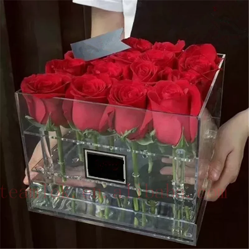 Custom Square Clear Packaging Cover Display Wedding Preserved Rose Storage Bouquet Acrylic Flower Box Eternal Immortal Rose BOX