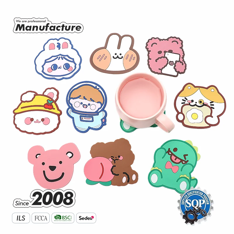 2D 3D Custom Rubber Coaster Cartoon Cute Animal Shape Silicone PVC Coaster Coffee Coaster Cup Mat Soft Pvc Cup Mat