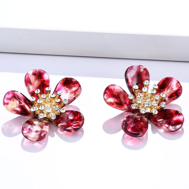 Korean Version Simple Creative Diamond-studded Acetate Plate Flower Earrings Retro Cold Wind Personality Earrings Women