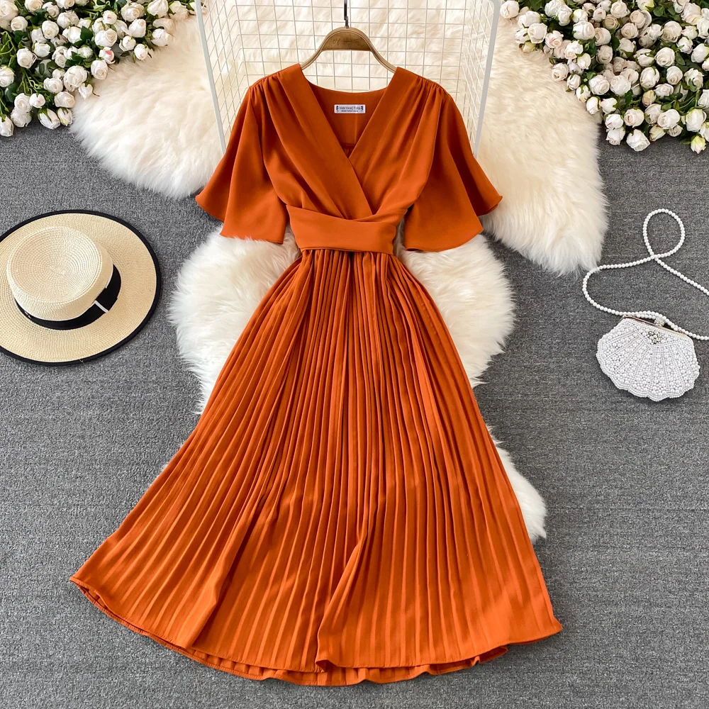 summer short sleeve evening Vintage V neck dress fashion Casual pleat high waist dresses for women