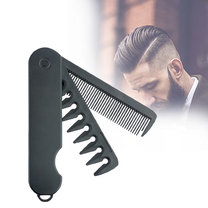 New Design 2 in 1 Black ABS Foldable Styling Comb High Quality Thick Wide Tooth Beard Comb Multifunctional Pocket Comb For Salon