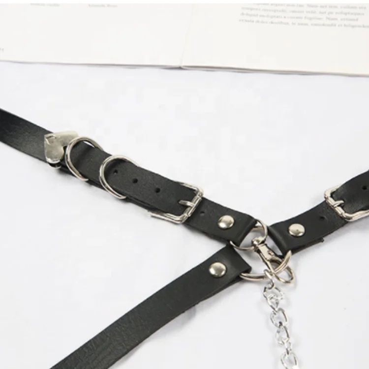 Latest New Nightclub Performance Costumes Sexy Leather Punk Outfit Jeans Decorative Bondage