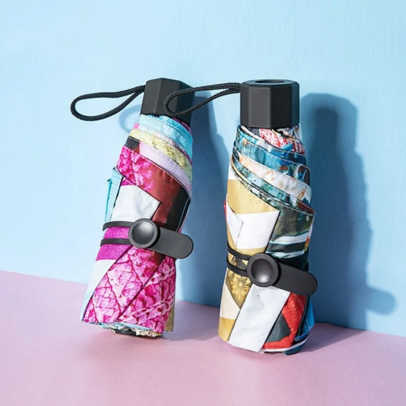 New Creative Fashion Sea World Printing Mini Carries Pocket Handle Five Fold Umbrella  UV Protection Folding Sun Umbrella