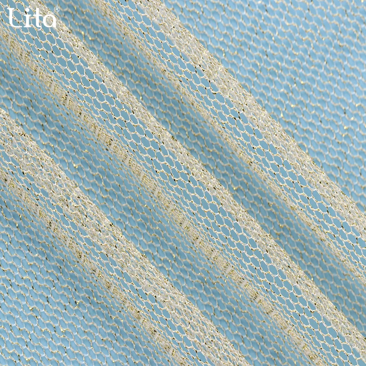 Гексагональная Тюлевая ткань с люрексом сетчатая из золотой пряжи для посадки одежды