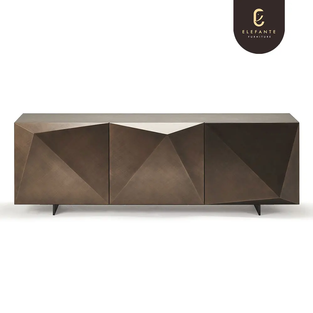 Elefante Stainless  Steel Finish 3 Door Modern Oak Veneer Wooden Sideboard Living Room Furniture Decorative Glass Sideboard