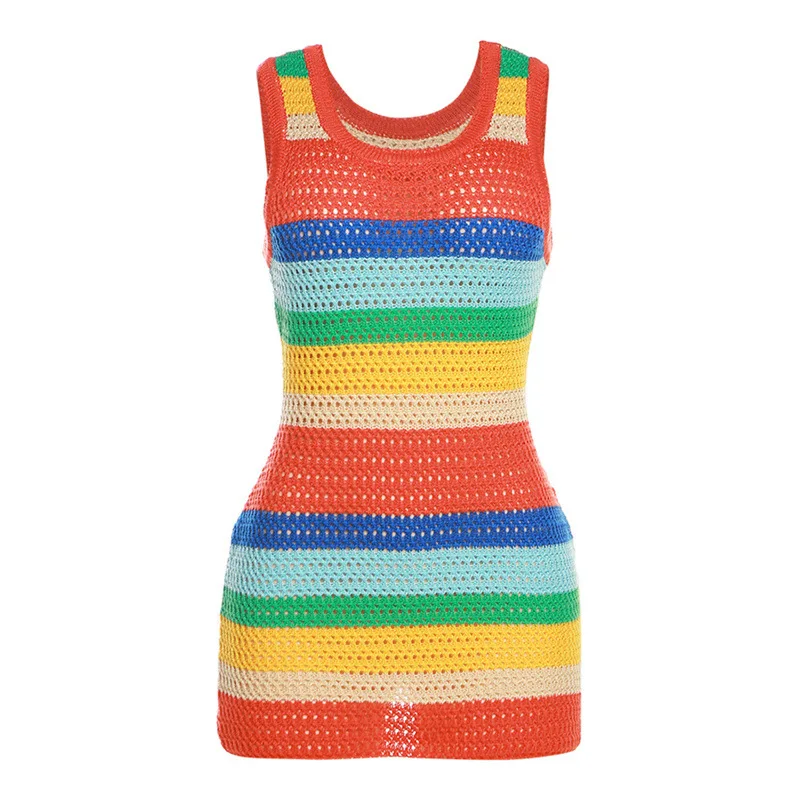 Night Club Party Fashion Multicolor Mini Dress For Women Casual Rainbow Color Dress Hand Knit Crochet Dress