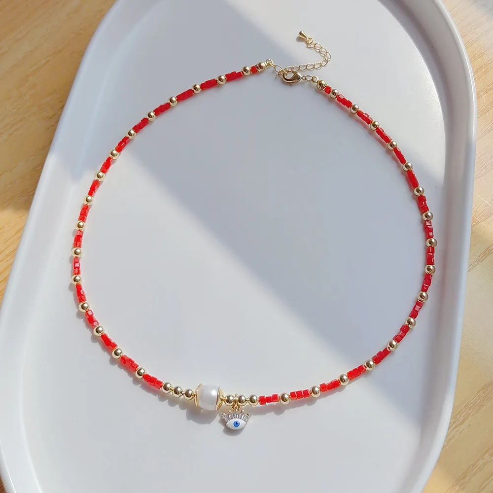 KKBEAD Handmade Beaded Necklaces Natural Pearl Evil Eye Pendant Necklace Crystal Necklace for Women