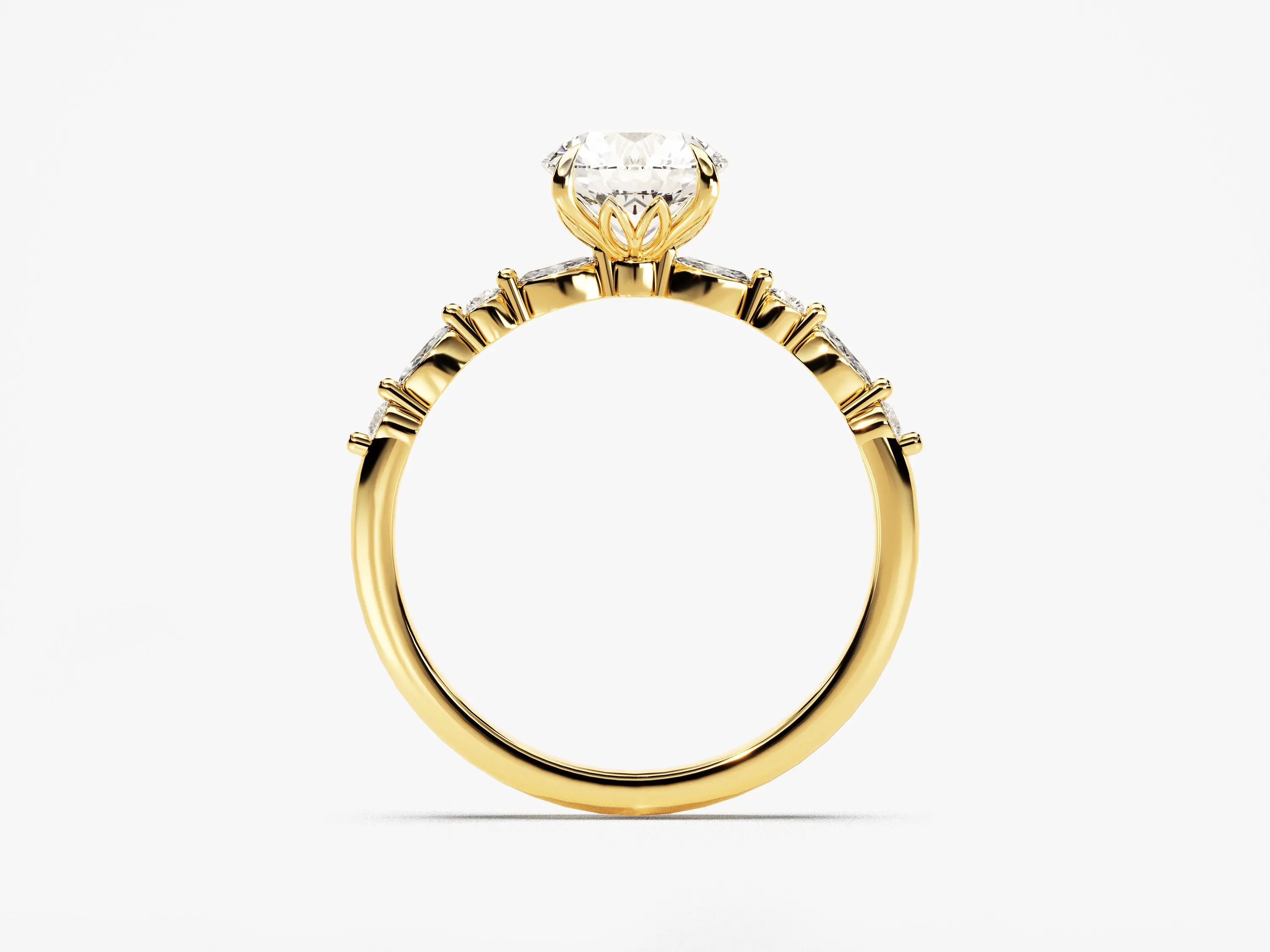 Round and Marquise Sidestones Engagement Ring 14k 18k Solid Gold Lab Diamond Ring Promise Ring