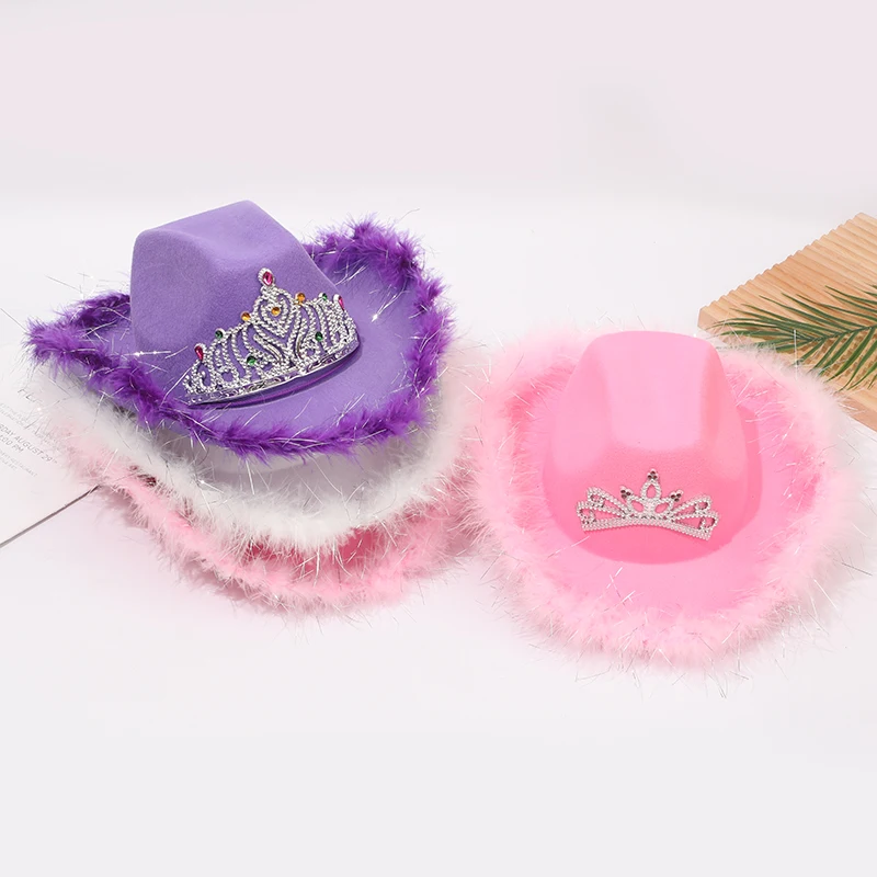 Halloween Pink Feather Western Cowboy Hat Carnival Party Ball Makeup Nine Lights Crown Color Diamond Glowing Cowboy Hat