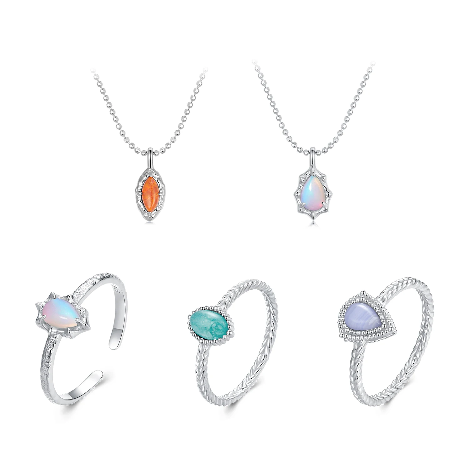 New 925 Sterling Silver Auroral Flame Necklace Ring Exaggerated Tianhe Stone Agate Ring Set For Women