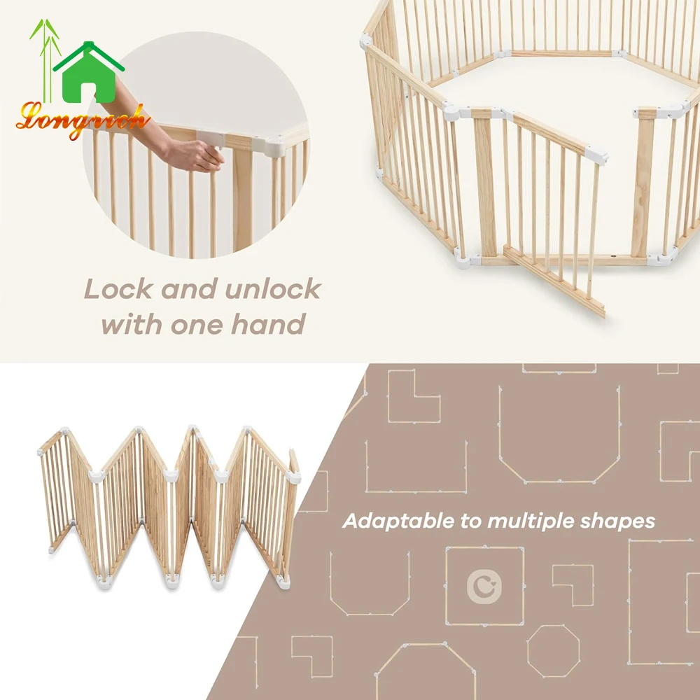 Wooden Baby Playpen & Baby Gate for Toddler and Babies Foldable Wooden Adjustable Playard Play Fence with Locking Gate