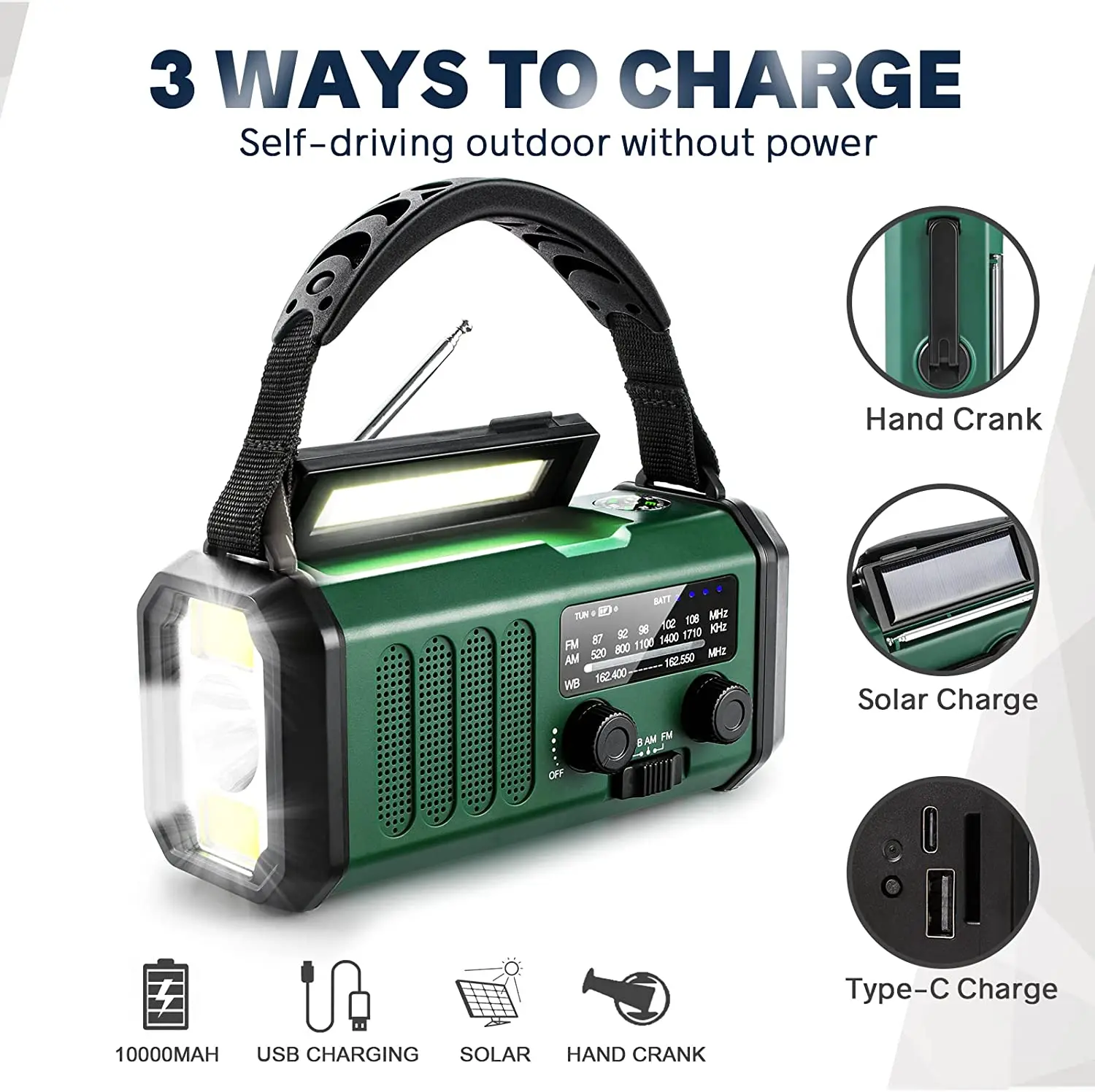 Emergency Hand crank Radio 10000mah USB Charger FM AM NOAA Weather Radio with Compass Lamp Solar Radio