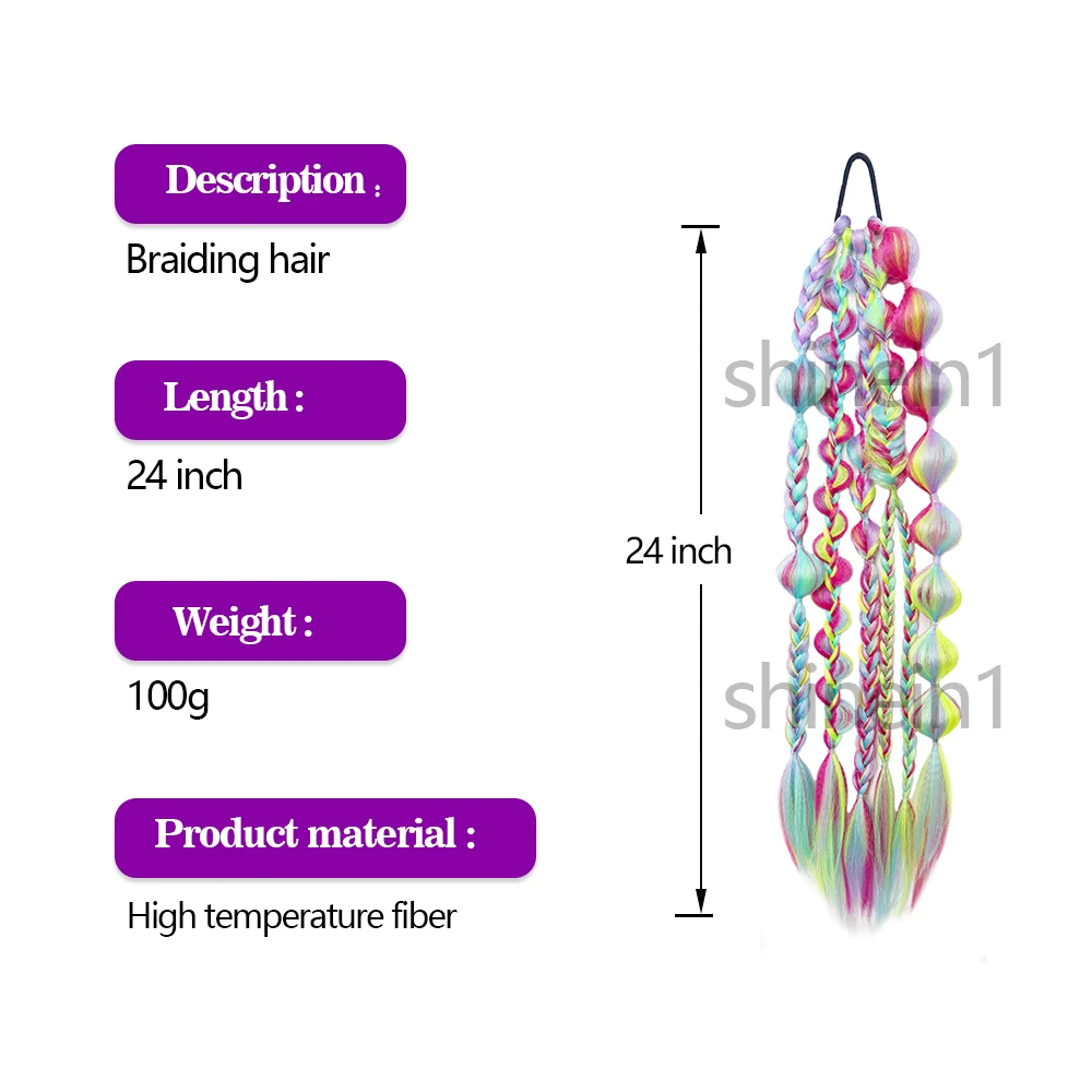 Wholesale 24inch Cosplay Handmade Crochet Colored Hair Extensions Synthetic Bubble Braid Hair Ponytail with Rubber Bands