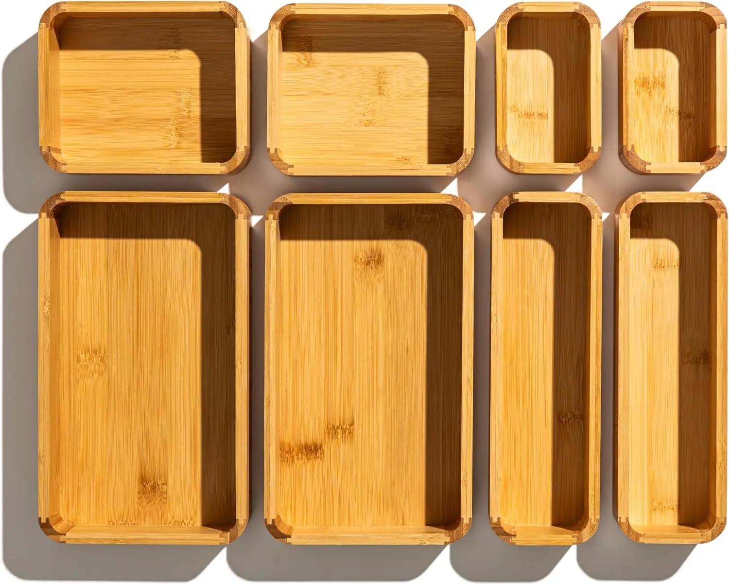 8-Piece Modern Bamboo Drawer Storage Box Set Multi-Purpose Square Garbage Storage with PC Plastic Paper Lock Accessory