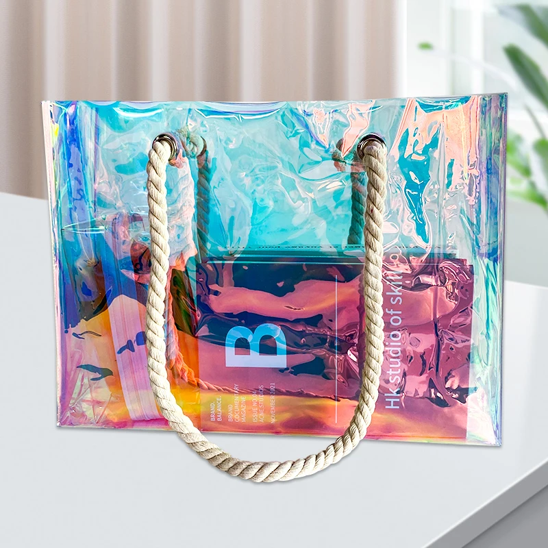Custom Hot Holographic Pvc Clear Tote Bag With Rope Handle Summer Women fashion pvc Beach Shopping Bag