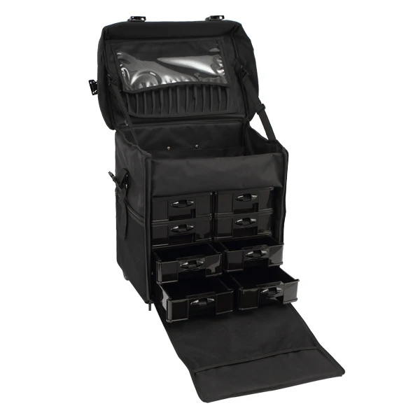 2 in 1 Professional Makeup artist soft Black nylon Fabric Wheeled Rolling soft trolley cosmetic case Set with Drawers