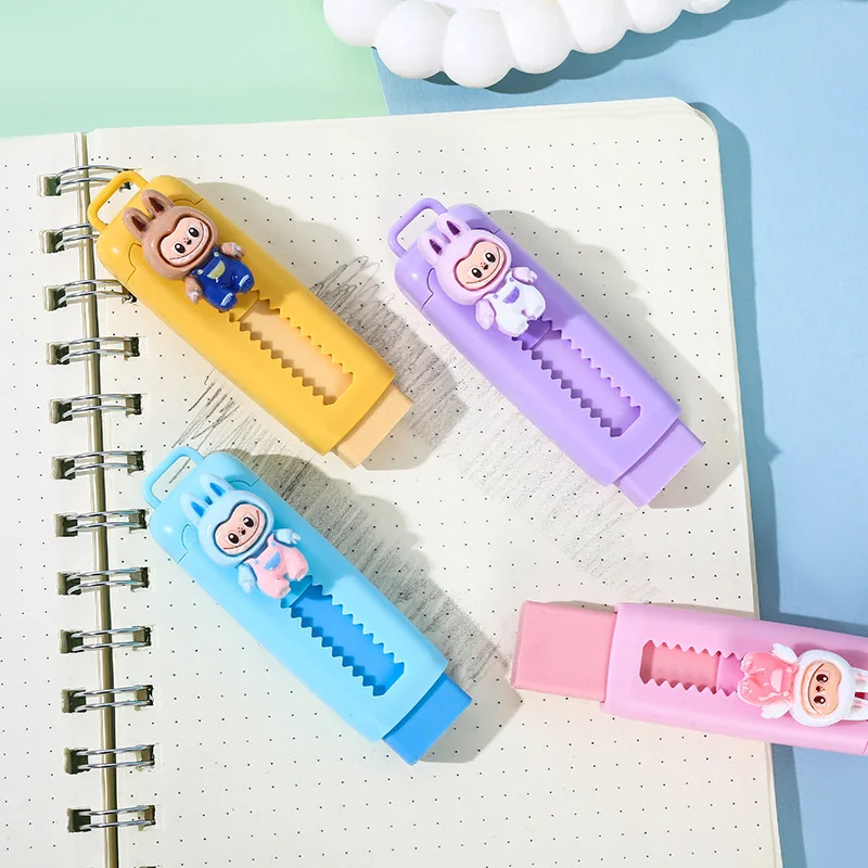 hot selling student cartoon labubu yiwu lovely school gift pencil products colorful stationary push pull press eraser for kids