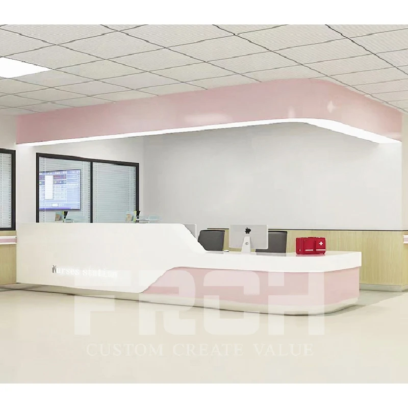 Boutique Clinic Hospital L Shaped Reception Desk Pink With Display Possibilty And Led White