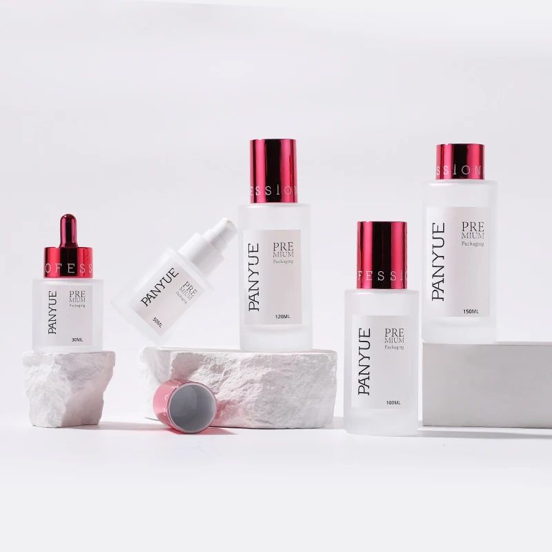 Luxury frosted glass jar serum eye essential oil dropper toner lotion cream pump glass packaging bottle with plating cap
